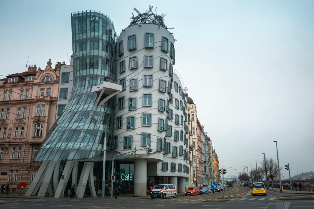 The modern Dancing House building along the Vltava River in Prague