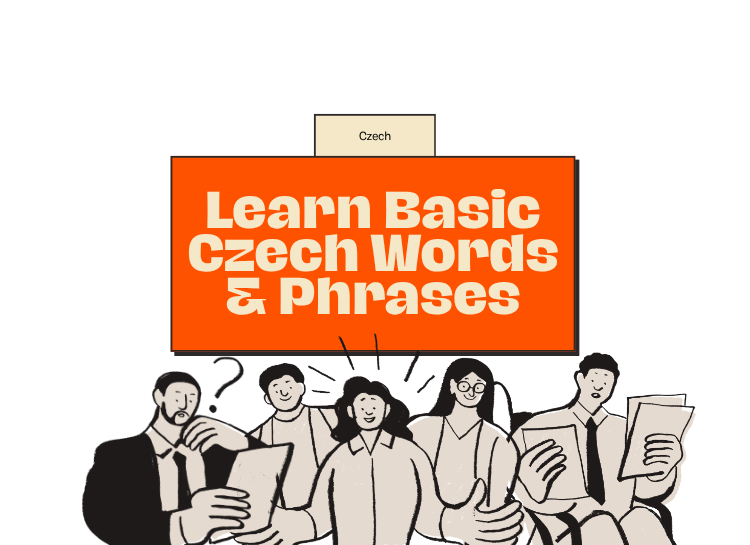 Illustration of travelers learning basic Czech language phrases for communication in Prague