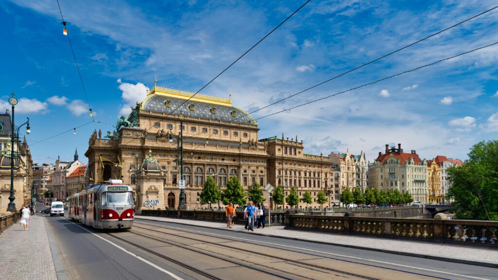 National Theatre historic opera house in Prague on the Vltava River