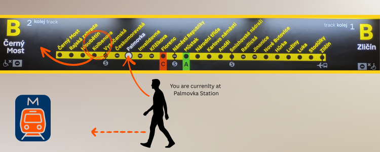 Diagram showing Palmovka station location on Prague Metro Line B between Invalidovna and Českomoravská stations.