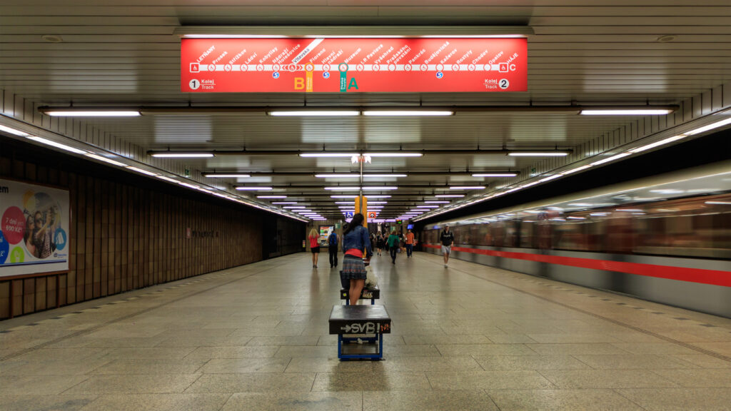 Prague metro Line C train at Vltavská station platform