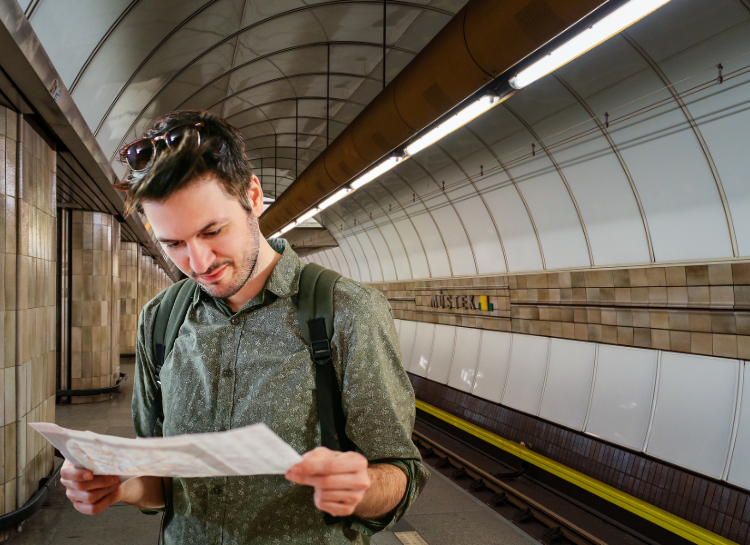Prague metro map showing lines A, B and C of Prague public transport