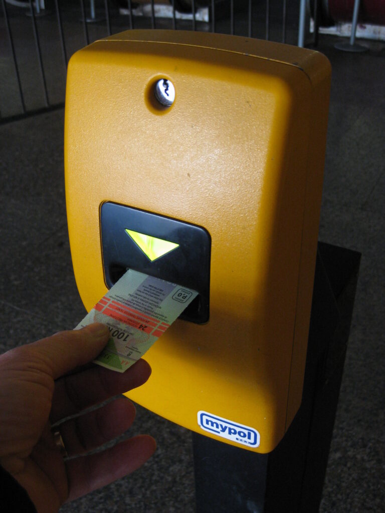 Prague Metro ticket validation machine stamping a ticket
