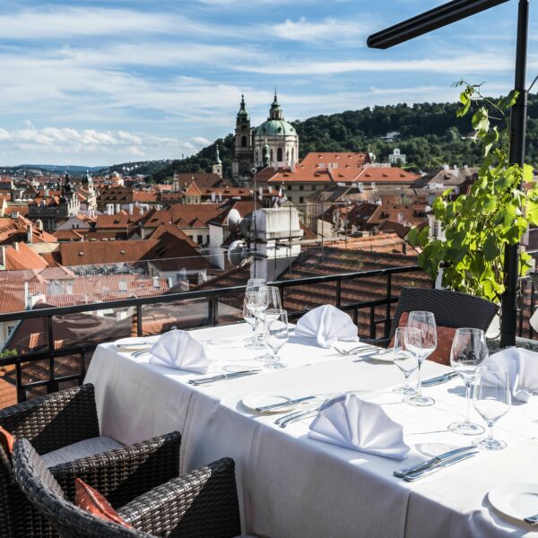 Terasa U Zlaté Studně rooftop restaurant terrace with panoramic views of Prague near Prague Castle