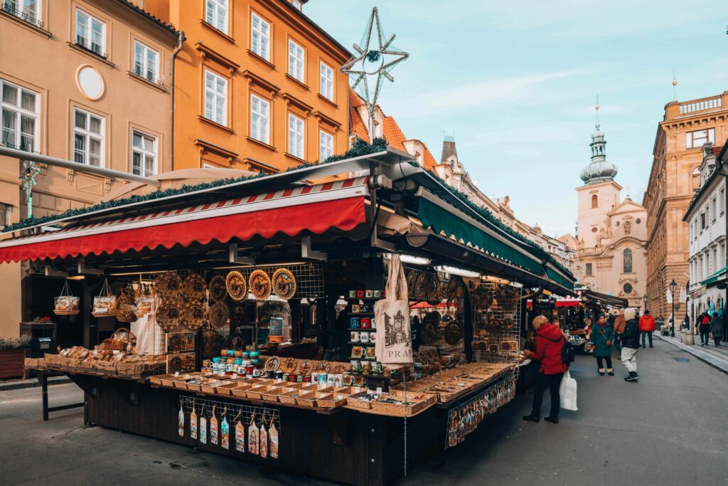 Souvenir market in Prague selling mass-produced items often mistaken for traditional Czech products