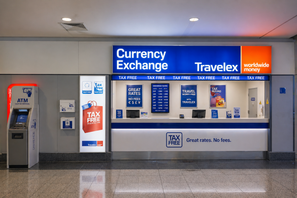 Currency exchange counter with rate display and ATM inside an airport terminal