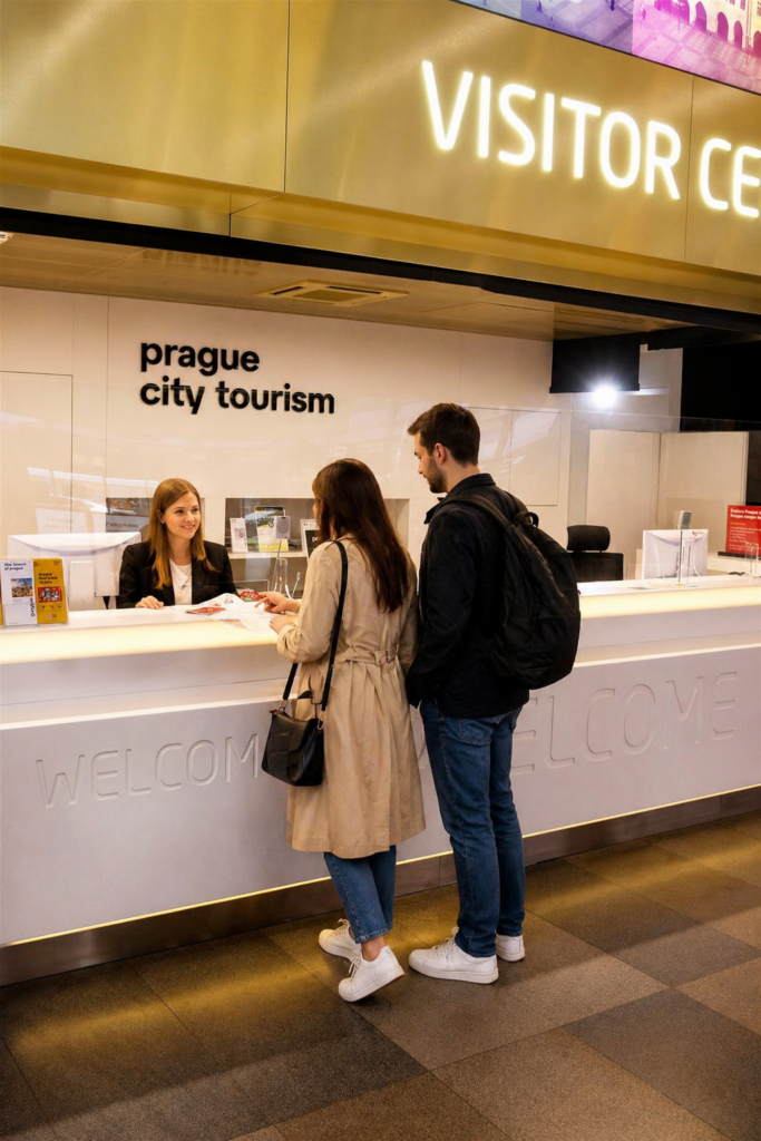 Prague Airport visitor center with travelers speaking to information desk staff