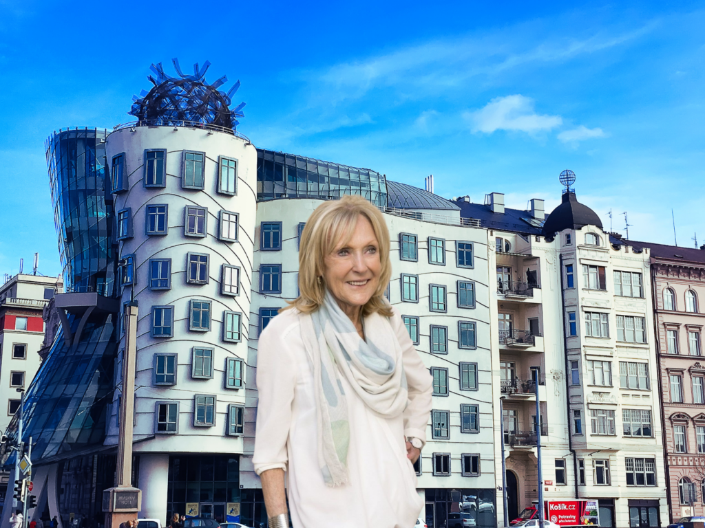 Visitor in front of Prague Dancing House illustrating movement and changing perspectives of the building
