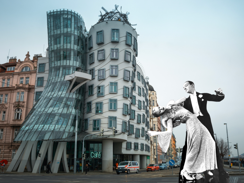 Prague Dancing House with Fred Astaire and Ginger Rogers overlay illustrating the building’s dance inspired design