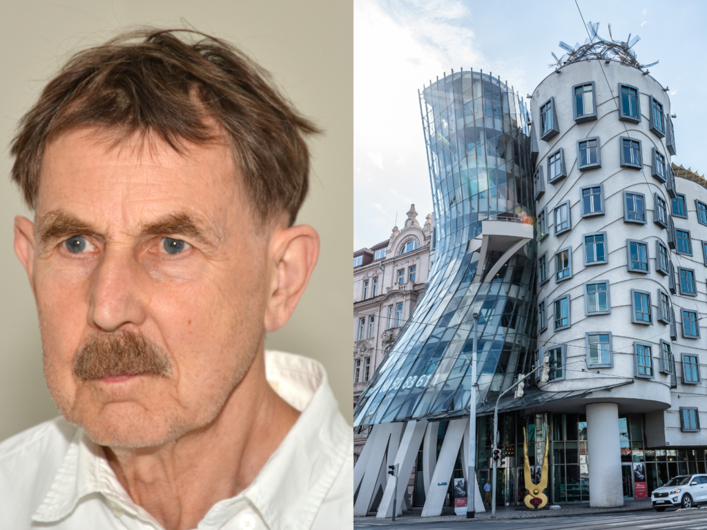 Portrait of architect Vlado Milunić alongside Prague Dancing House designed with Frank Gehry