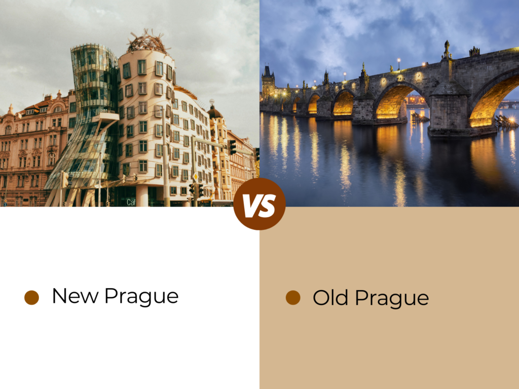 Dancing House contrasted with Charles Bridge representing modern and historic Prague architecture