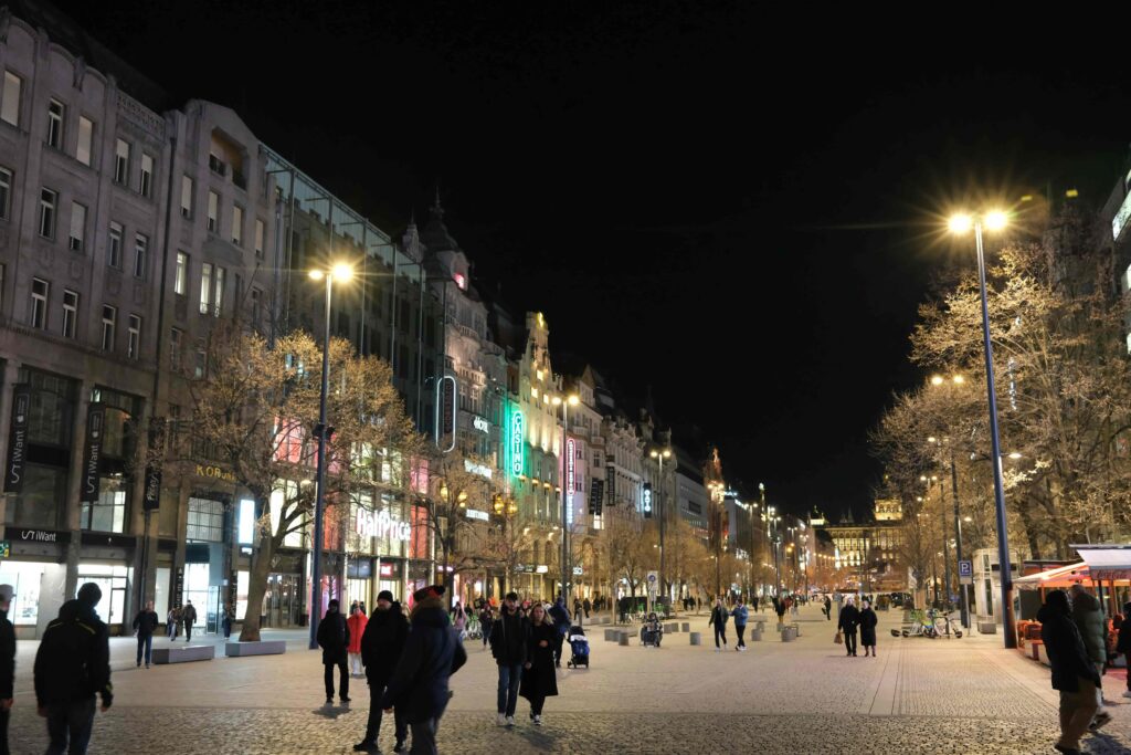 evening street in Prague with calm atmosphere showing respectful behavior instead of loud nightlife