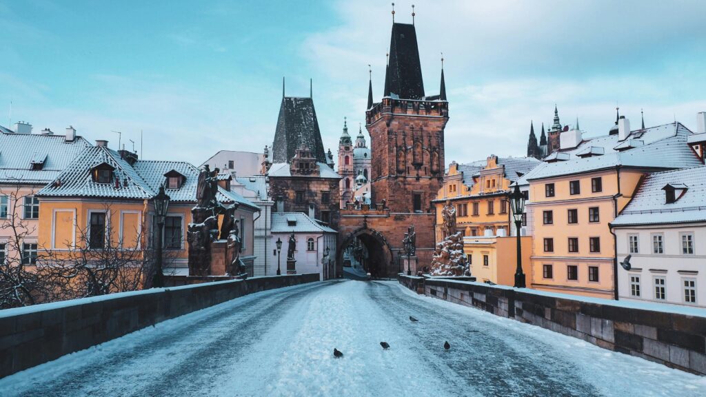 Quiet winter street in Prague with historic buildings and minimal crowds