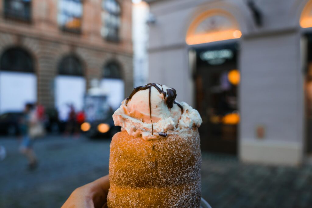 Trdelník dessert in Prague often sold as traditional Czech food but mainly made for tourists