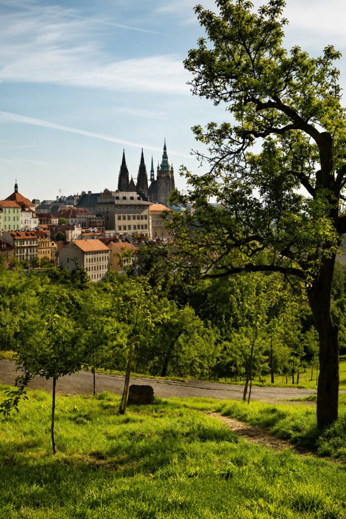 Scenic panoramic view from Petřín Gardens overlooking Prague Castle and historic rooftops – Prague Parks