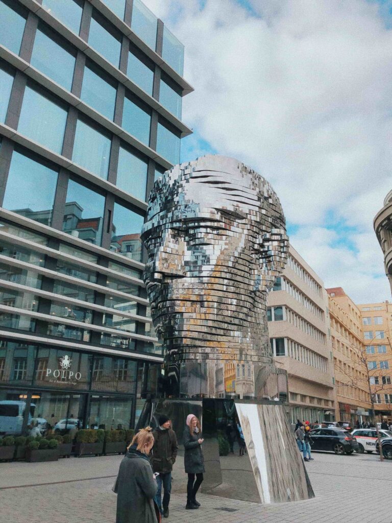 Prague Architecture and modern art featuring the rotating Franz Kafka Head sculpture in Prague