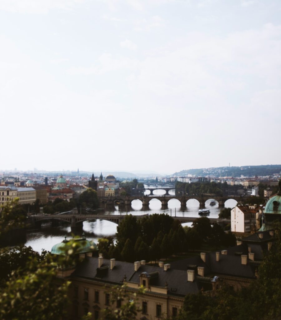 Prague Bridges scenic panorama with historic river crossings and Prague skyline views