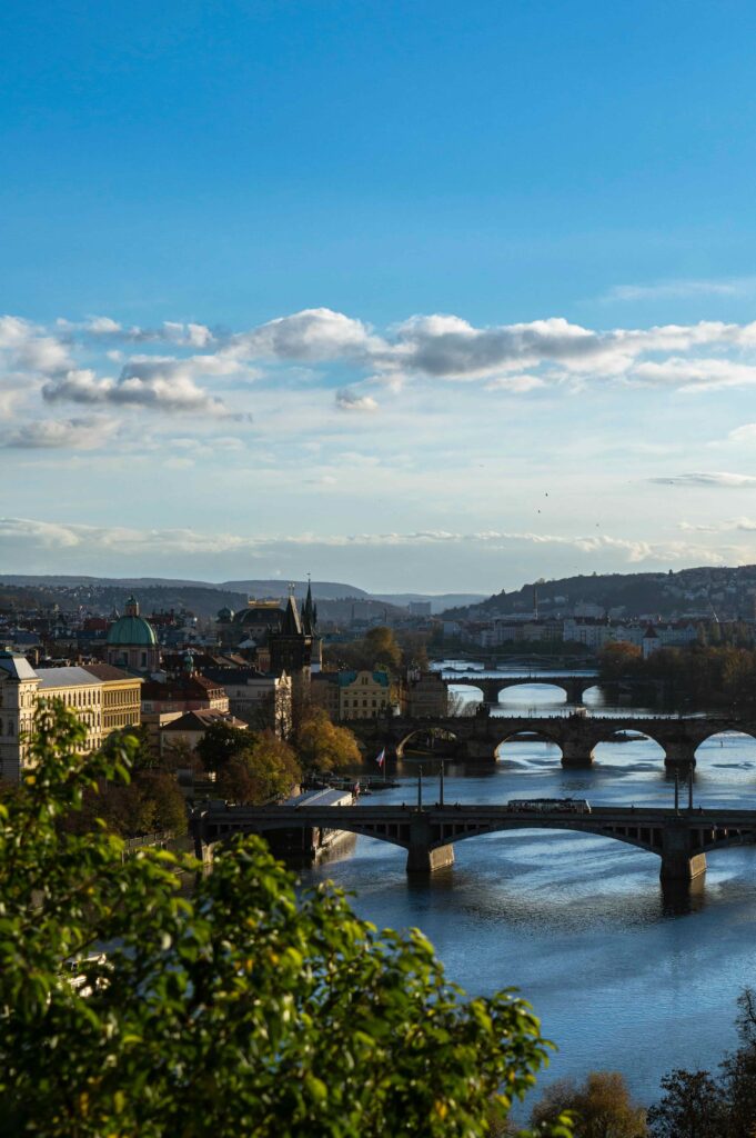 Prague Bridges skyline panorama featuring multiple historic bridges crossing the Vltava River