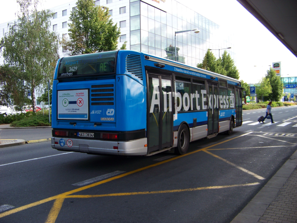Prague Buses 2026 Airport Express bus connecting Prague Airport with Prague Main Railway Station for direct city transfers with luggage.