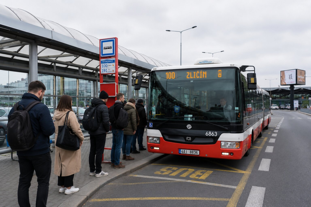 Passengers waiting for Prague Buses 2026 Bus 100 connecting Prague Airport with Zličín Metro Station on Metro Line B.