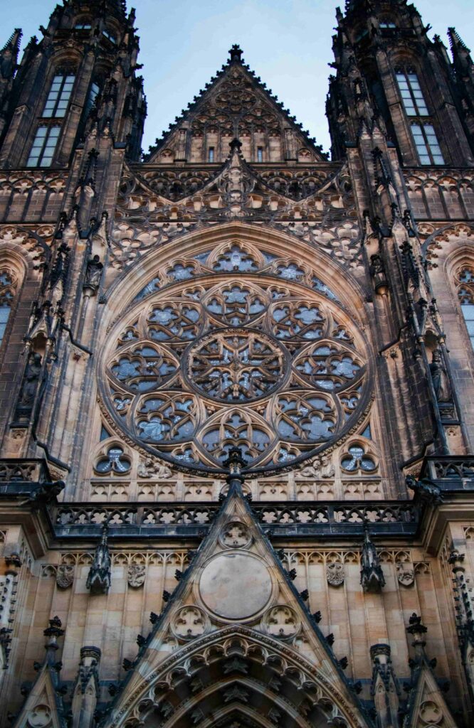 Prague Castles – detailed Gothic facade of St. Vitus Cathedral in Prague Castle