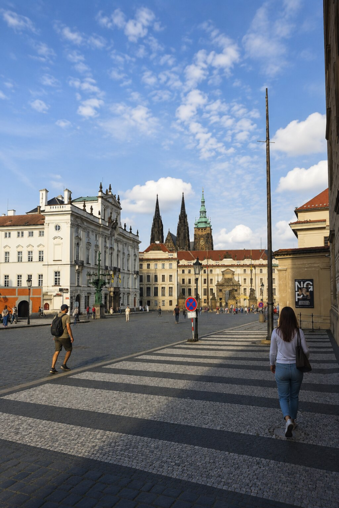 Prague Iconic Squares highlighting Hradčany Square with views toward Prague Castle and Saint Vitus Cathedral