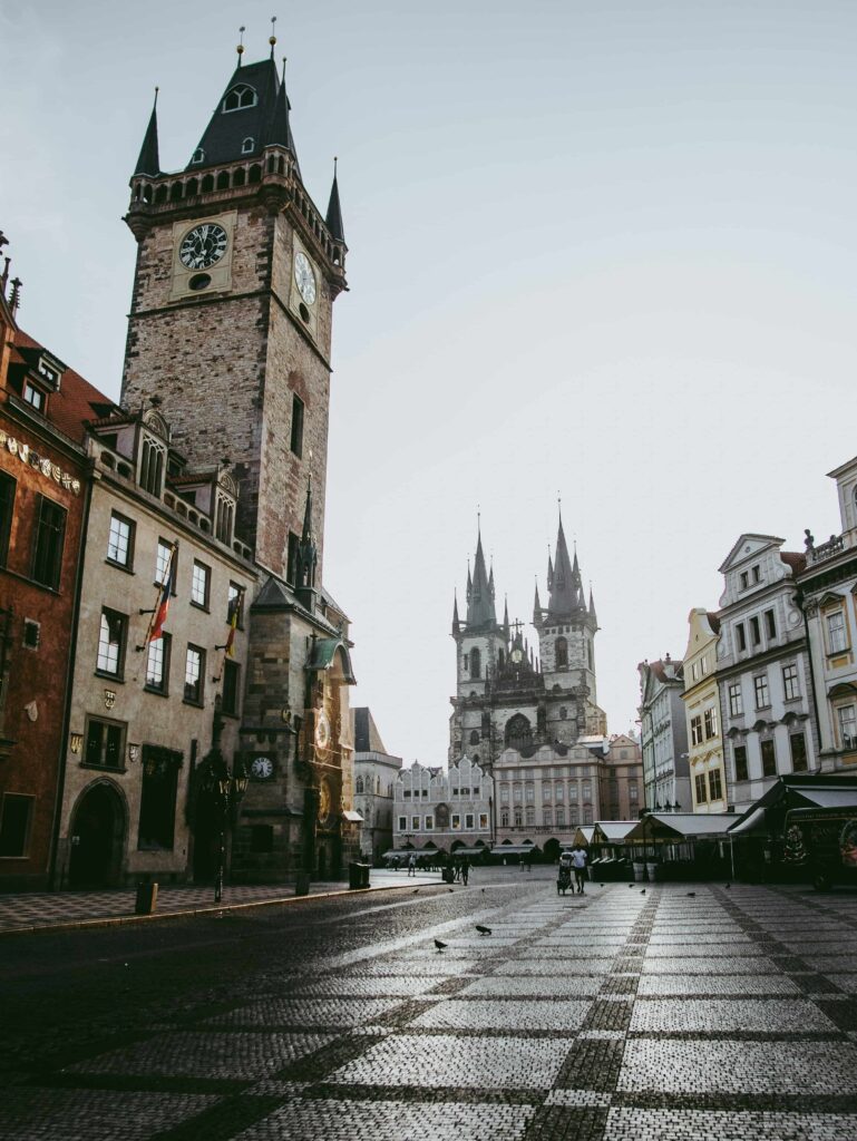 Prague Iconic Squares featuring Old Town Square with the Astronomical Clock and Church of Our Lady before Týn in Prague