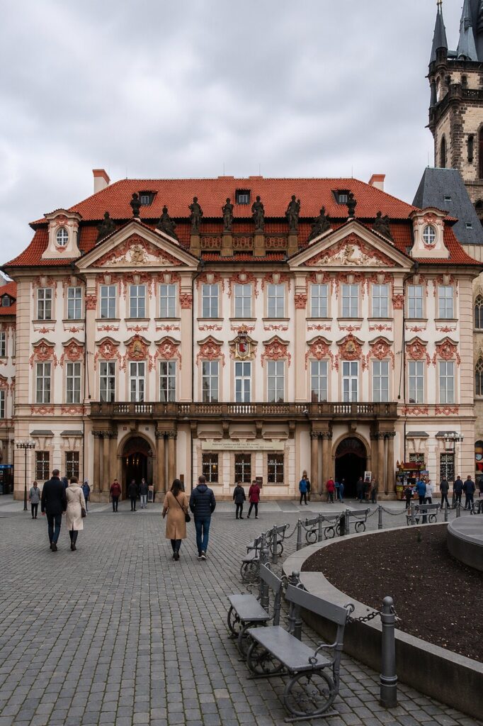Kinský Palace in Old Town Square featuring Baroque facade and famous Prague Palaces architecture