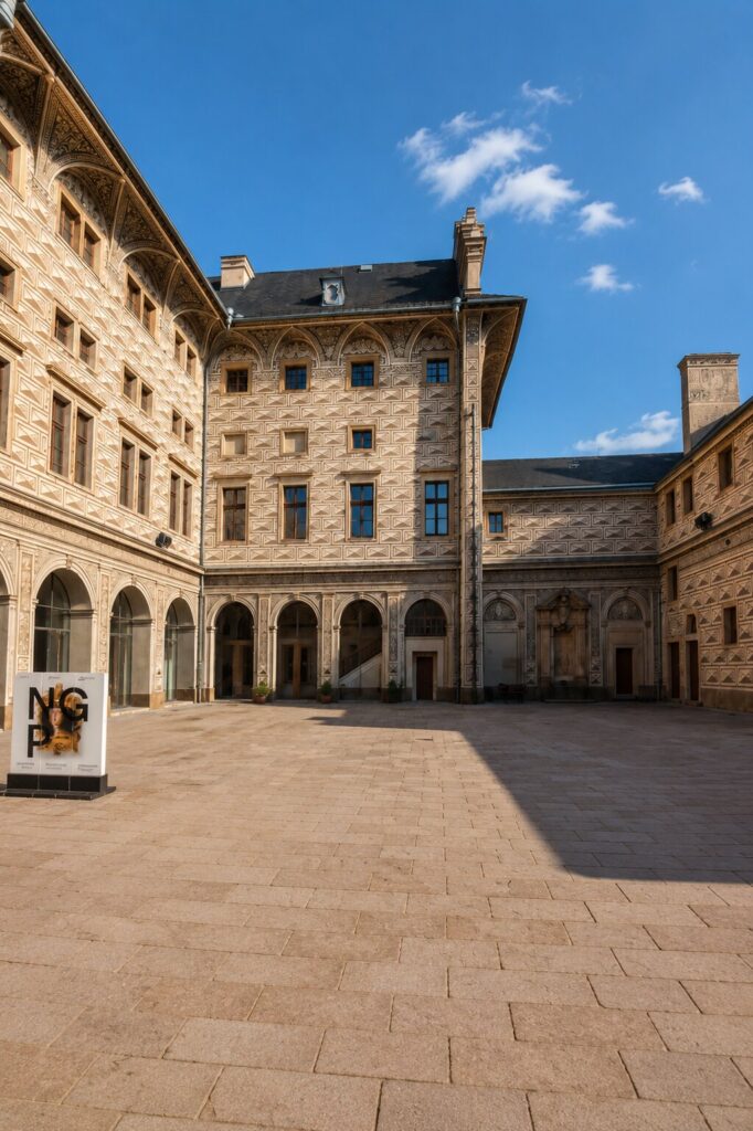 Historic Schwarzenberg Palace courtyard showcasing Renaissance architecture among Prague Palaces