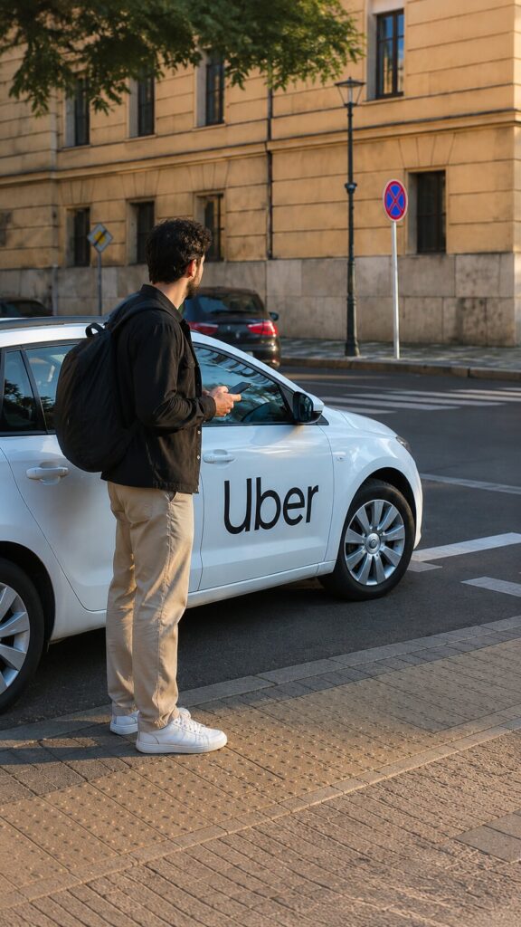 Tourist using Prague Taxis & Uber pickup service in Prague