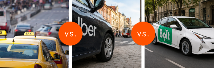 Comparison of Prague Taxis vs Uber vs Bolt in Prague showing traditional taxis, Uber rides and Bolt cars for tourists visiting Prague.