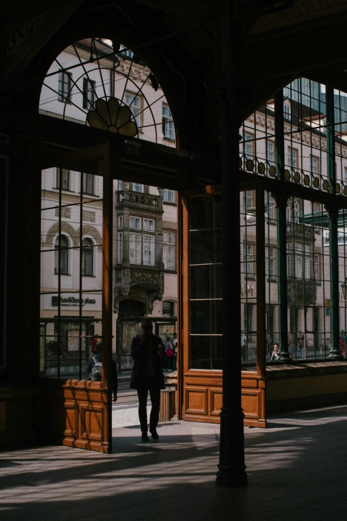 Historic interior entrance hall at Prague Main Railway Station
