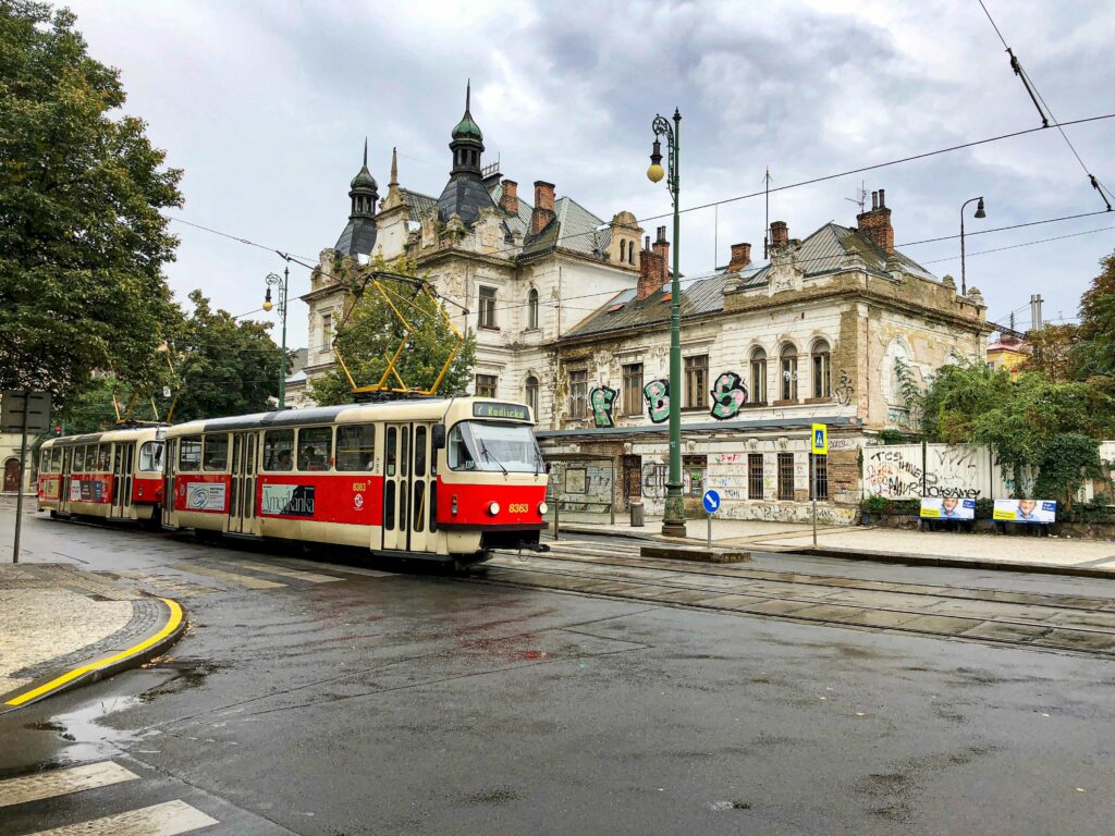 Prague tram on a city street where passengers can board freely without ticket checks or barriers