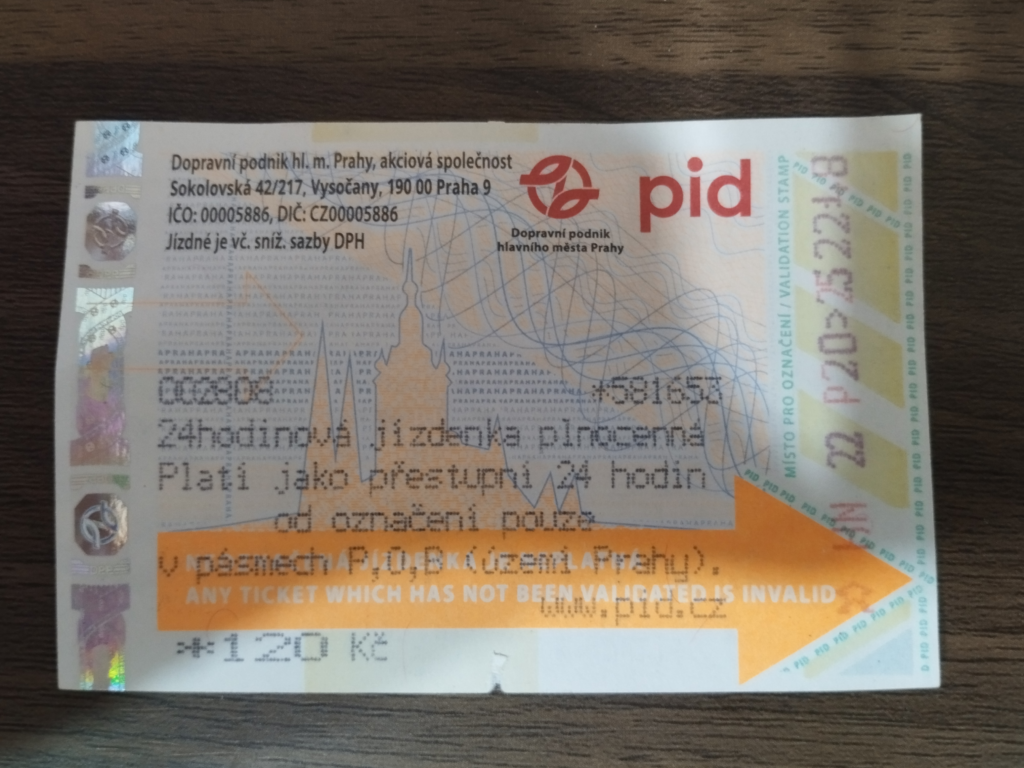 Validated Prague tram ticket showing timestamp stamp, required to avoid 1000 CZK fine on Prague public transport