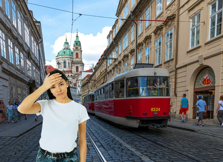 Tourist confused about Prague tram tickets and validation rules with tram in background