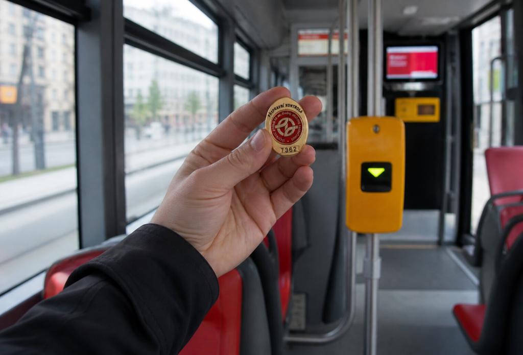 Hand holding inspector badge inside modern public transport vehicle near yellow validation machine