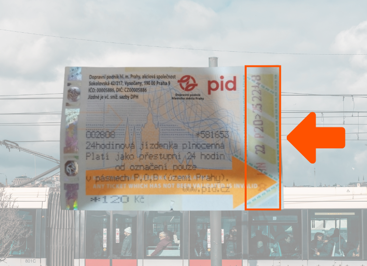 Close-up of validated transport ticket showing printed time stamp indicating when validity period starts