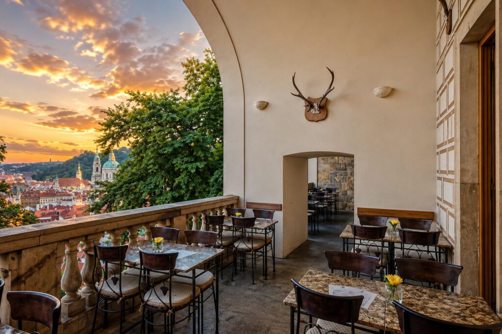 Quiet café terrace inside Prague Castle district overlooking Prague rooftops at sunset, featuring calm seating areas away from tourist crowds in the historic Lesser Town area of Prague, Czech Republic.