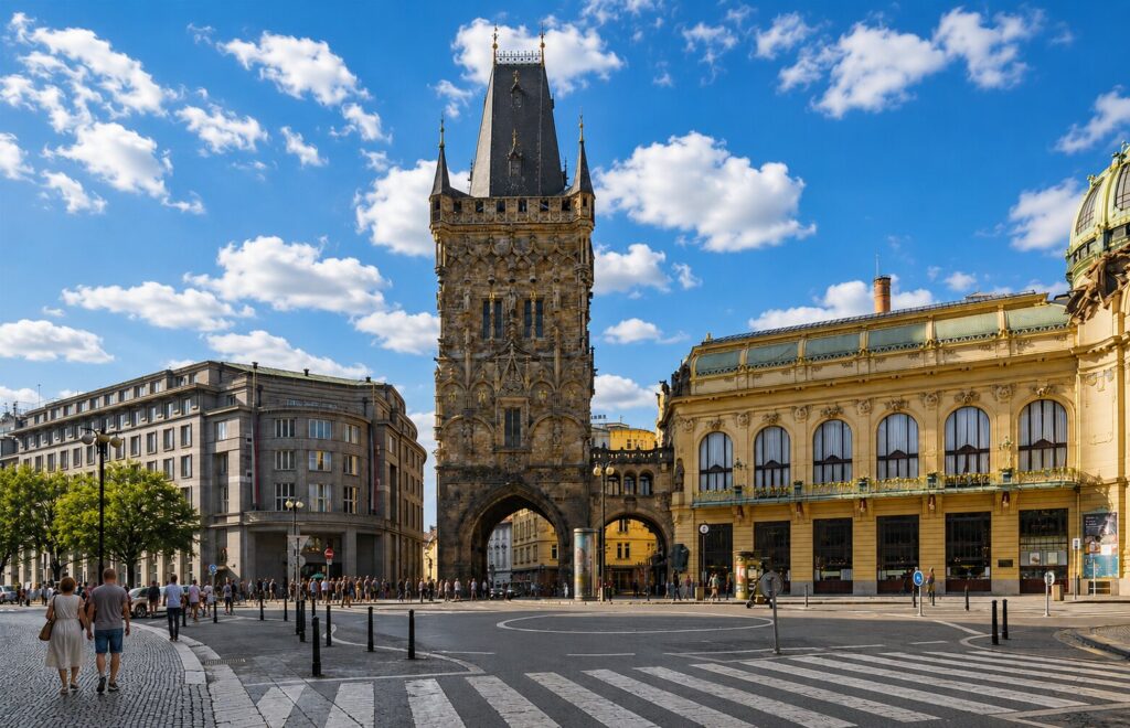 Powder Gate and Municipal House at Náměstí Republiky near Old Town Square Prague on a sunny day