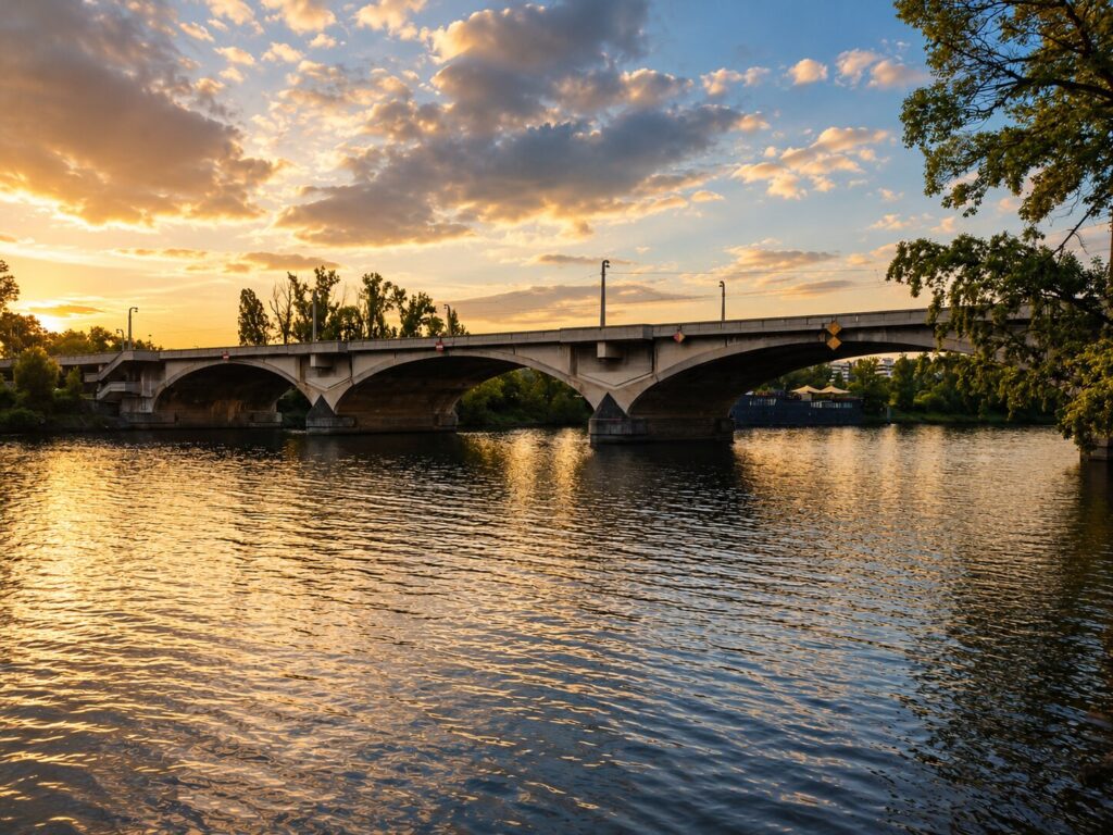 Barrandov Bridge is one of the busiest Prague Bridges, spanning the Vltava River beneath a colorful sunset sky.