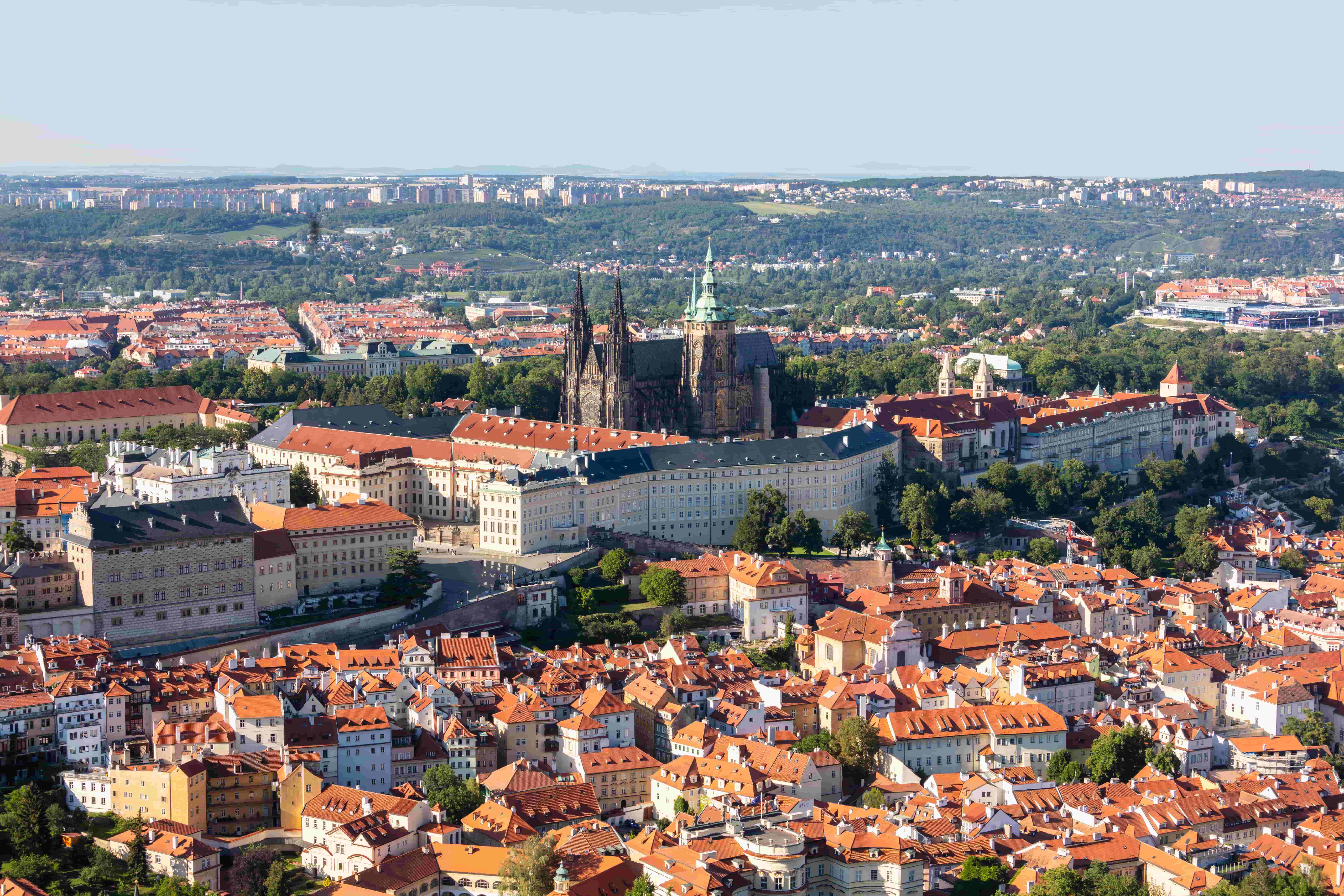 Panoramic view of Prague Castle above the historic rooftops of Prague, featured in the Prague Castle Tickets 2026 guide covering prices and what’s included.