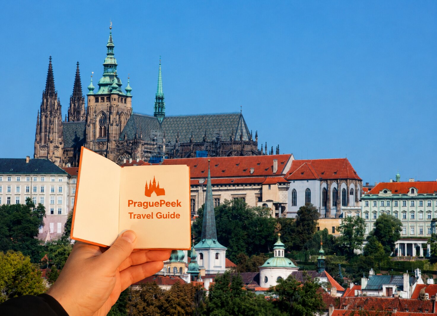 Prague Castle view with PraguePeek Travel Guide booklet in Prague