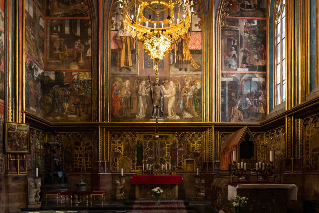 Historic interior of the Chapel of St. Wenceslas on the Prague Cathedral Circuit inside St. Vitus Cathedral.