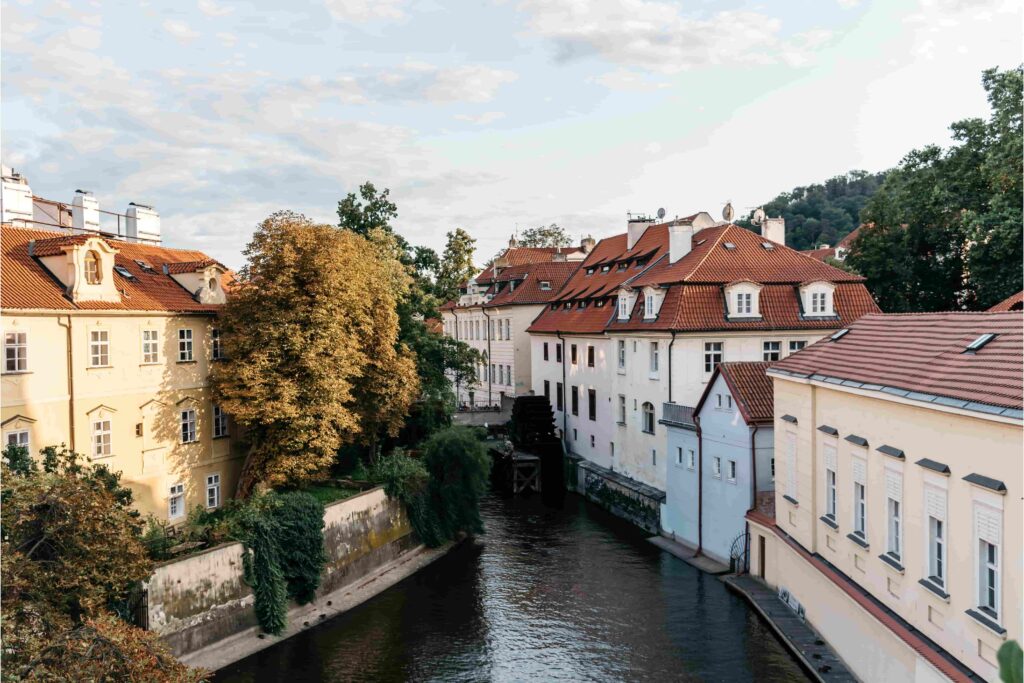 The Devil's Stream in Prague flows between historic buildings near Kampa Island, creating one of the city's most charming waterside scenes.