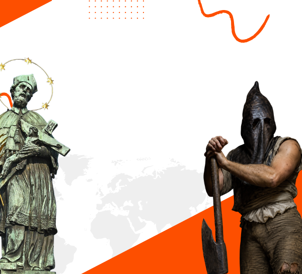 Realistic medieval executioner wearing a hood and holding an axe, representing one of the dark stories in Prague from the city's grim past