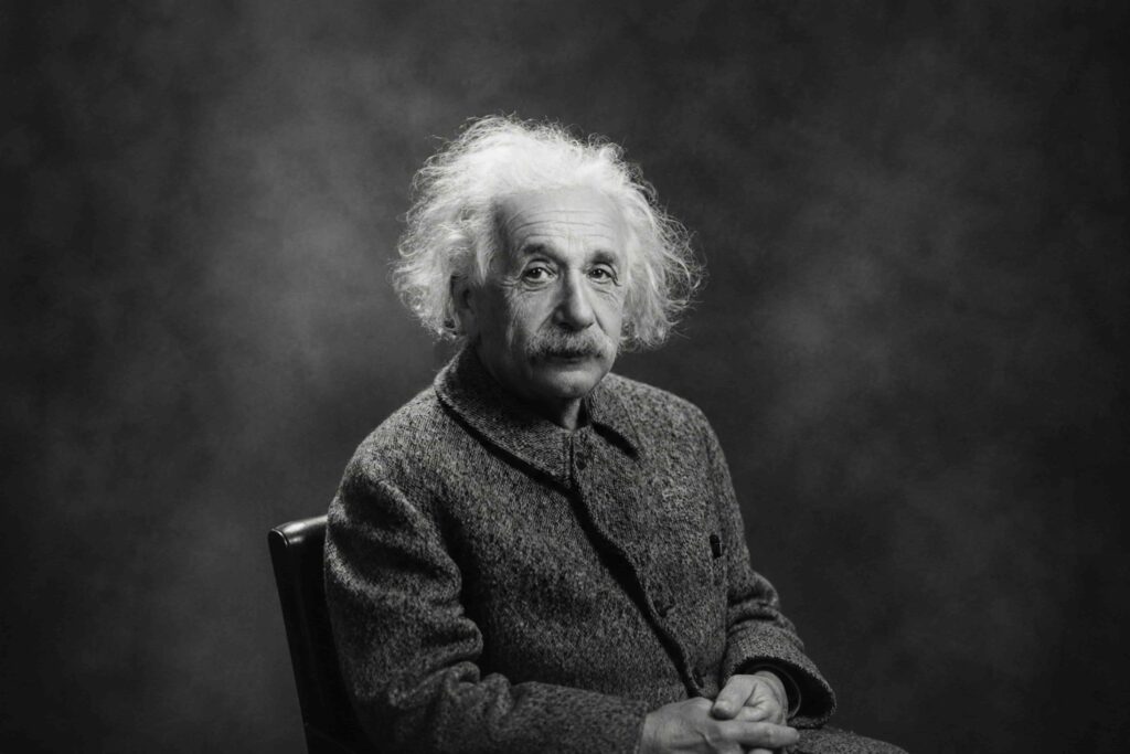Famous People in Prague: Black and white portrait of Albert Einstein, who studied and taught in Prague
