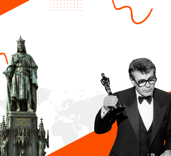 Famous People in Prague featuring the statue of Charles IV alongside Oscar-winning director Miloš Forman
