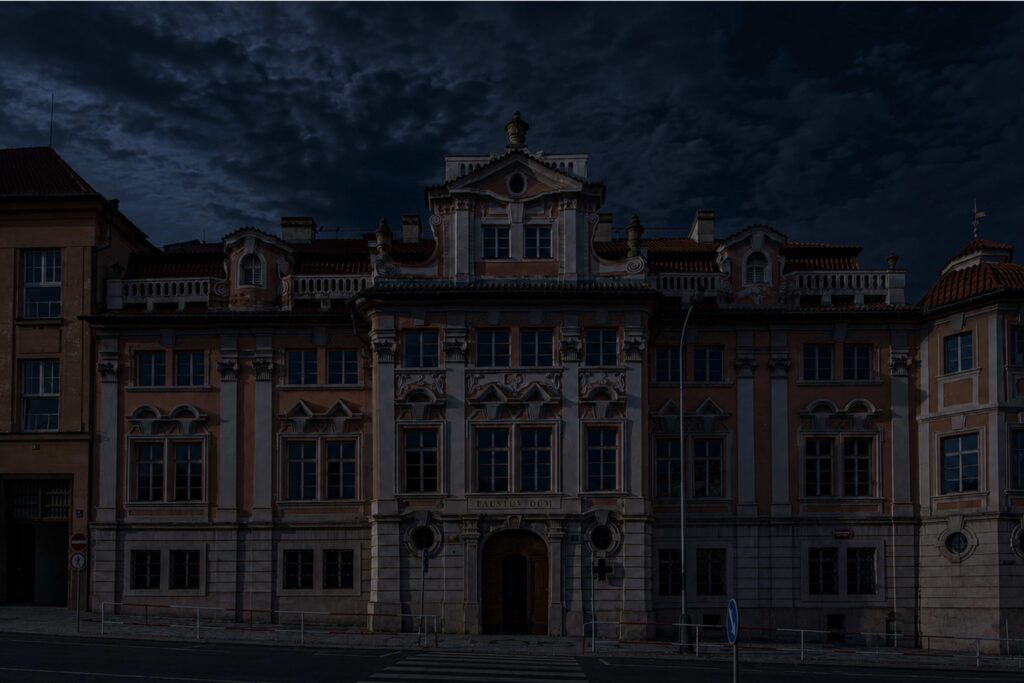 Faust House in Prague's New Town at night, the legendary building associated with alchemy, Dr. Faustus, and one of the most mysterious dark stories in Prague