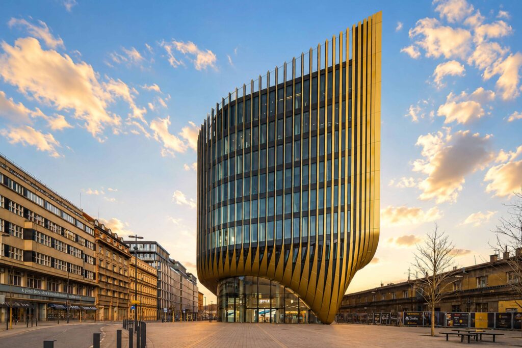 Prague Architecture: Masaryčka, a contemporary landmark by Zaha Hadid Architects with a sweeping golden façade