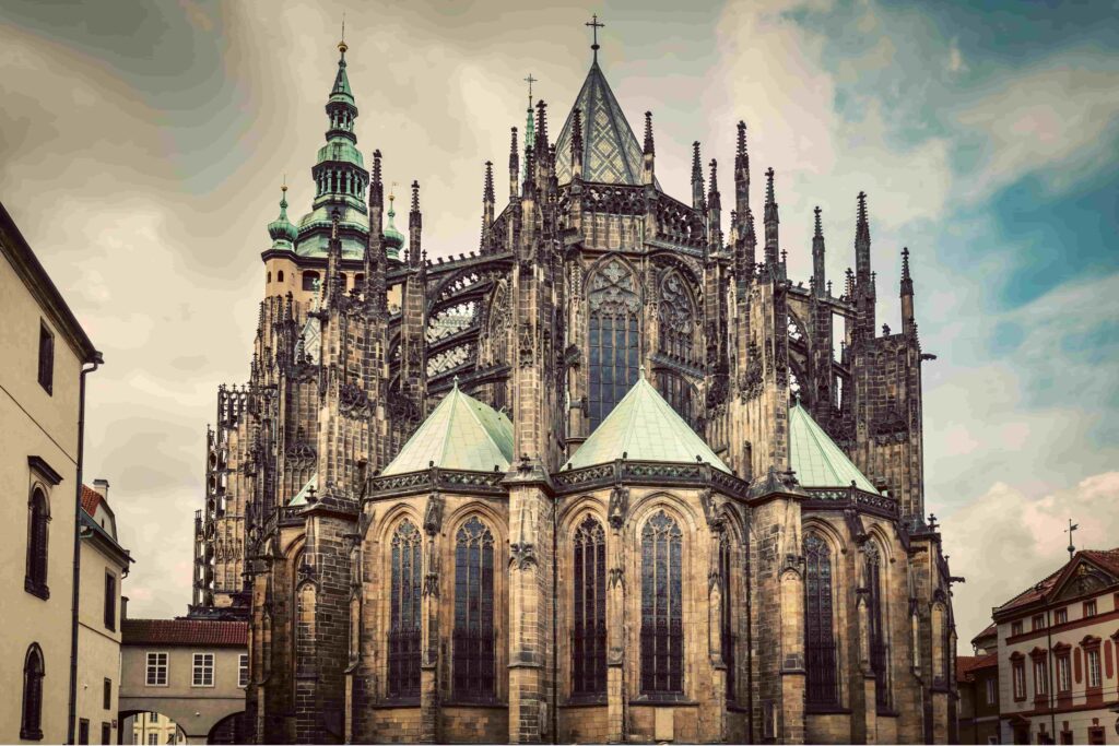Prague Architecture – St. Vitus Cathedral, the Gothic masterpiece of Prague Castle with soaring spires, flying buttresses, and intricate stone carvings